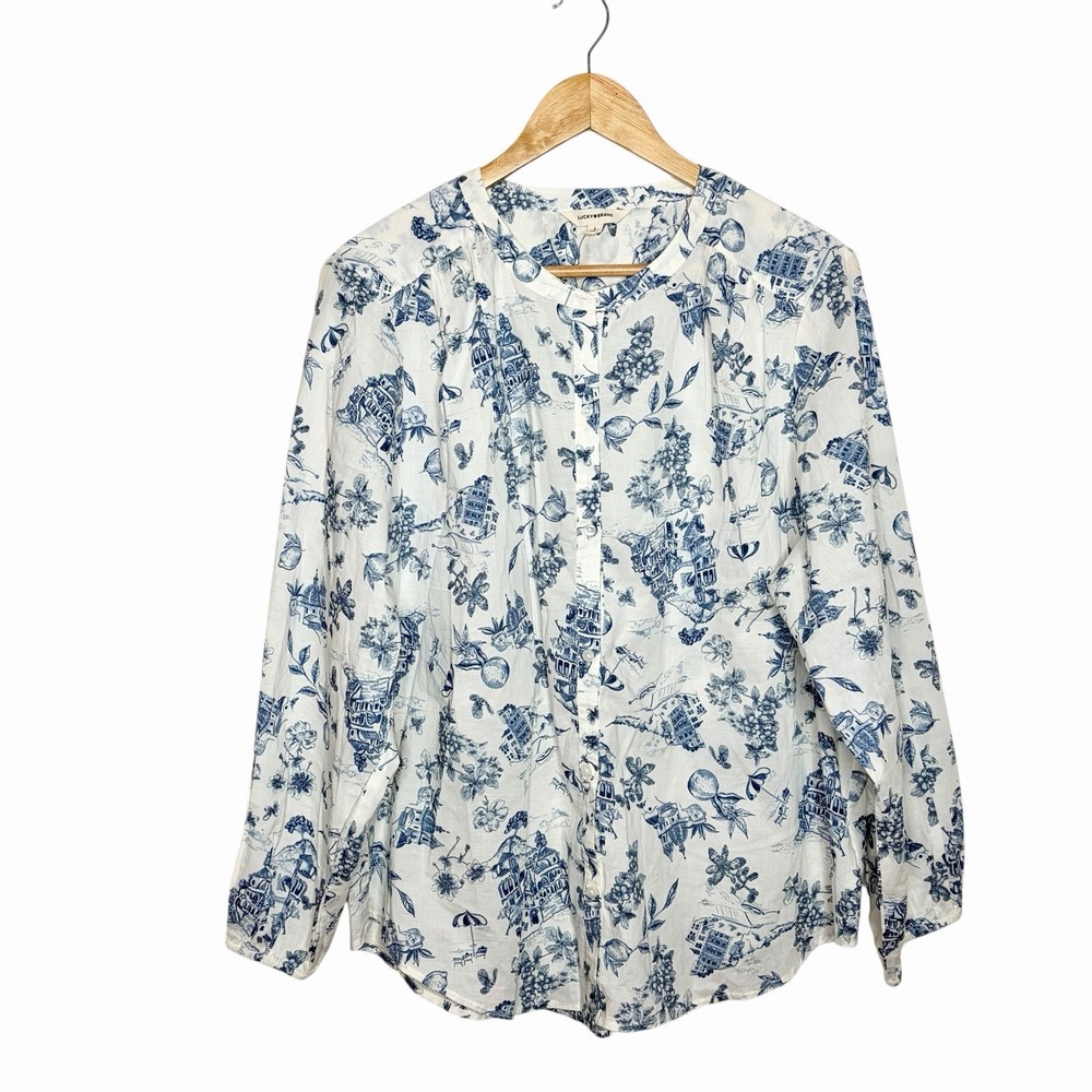 Lucky Brand Riviera Resort Fruit Print Shirt Blue White Womens L Travel Coastal